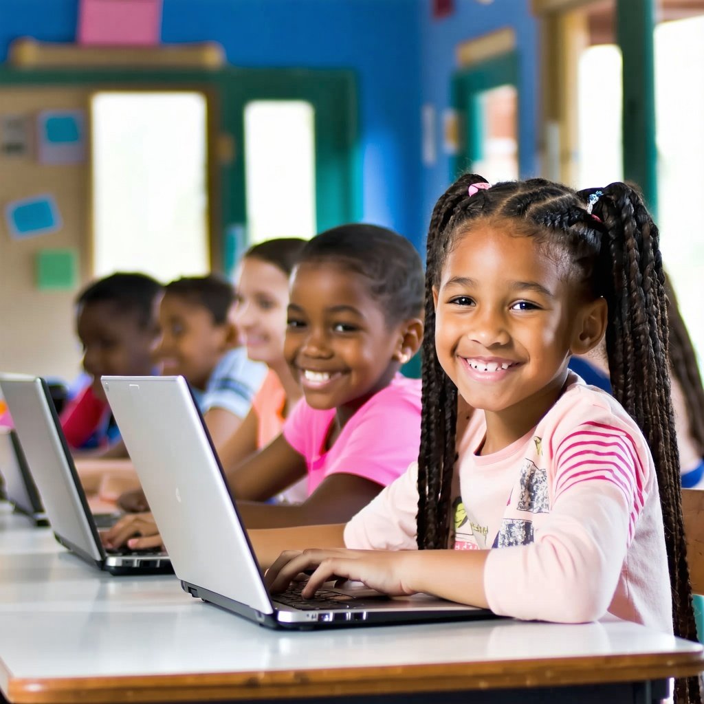 happy 5th grade students in class working at their laptops-1